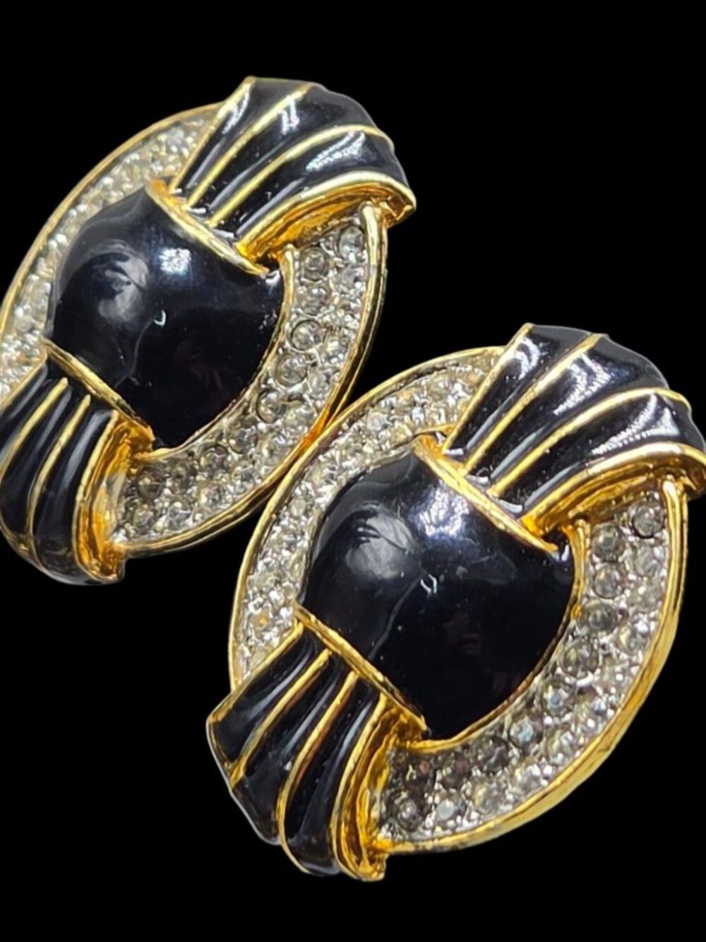 VTG KJL Kenneth Jay Lane Black Enamel Crystal Rhinestone Gold Bow Clip Earrings